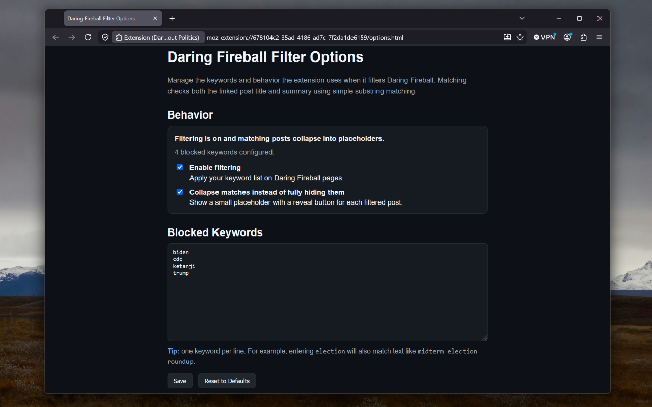 Daring Fireball Without Politics options for filtering and blocked keywords in Firefox