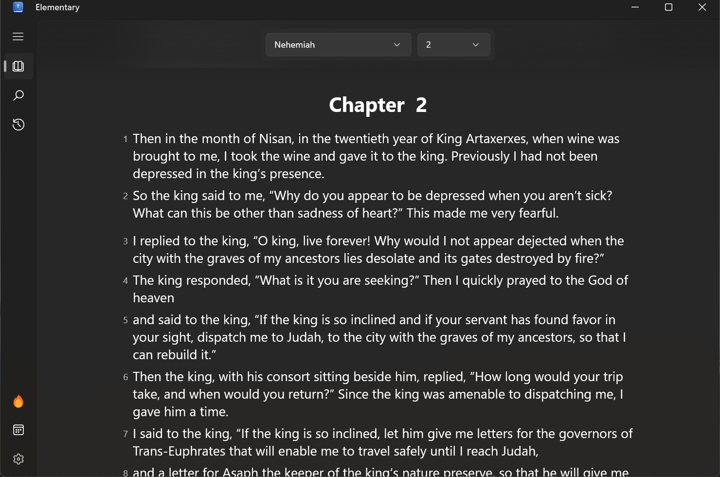 Elementary showing a focused reading view of Nehemiah 2