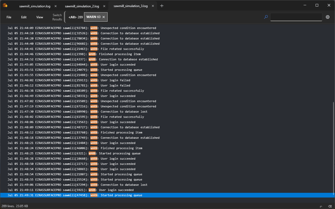 Sawmill displaying several log files with WARN search results highlighted
